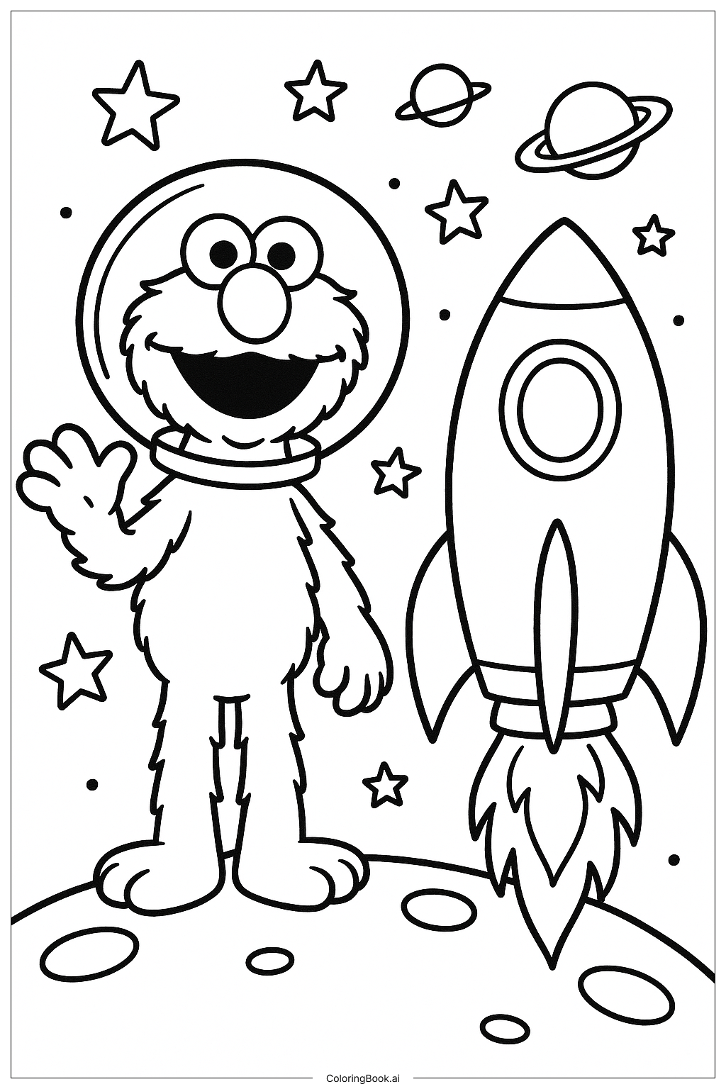  Elmo erkundet den Weltraum mit einer Rakete Ausmalseite 