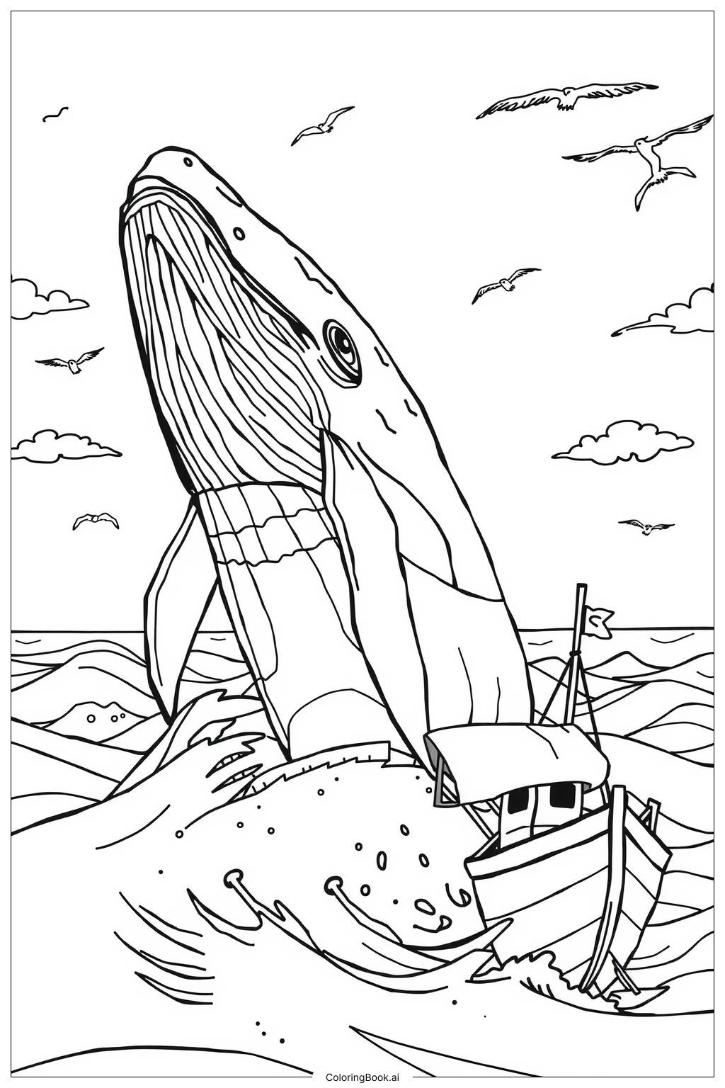  Page de coloriage Baleine sautant près d'un bateau-2 