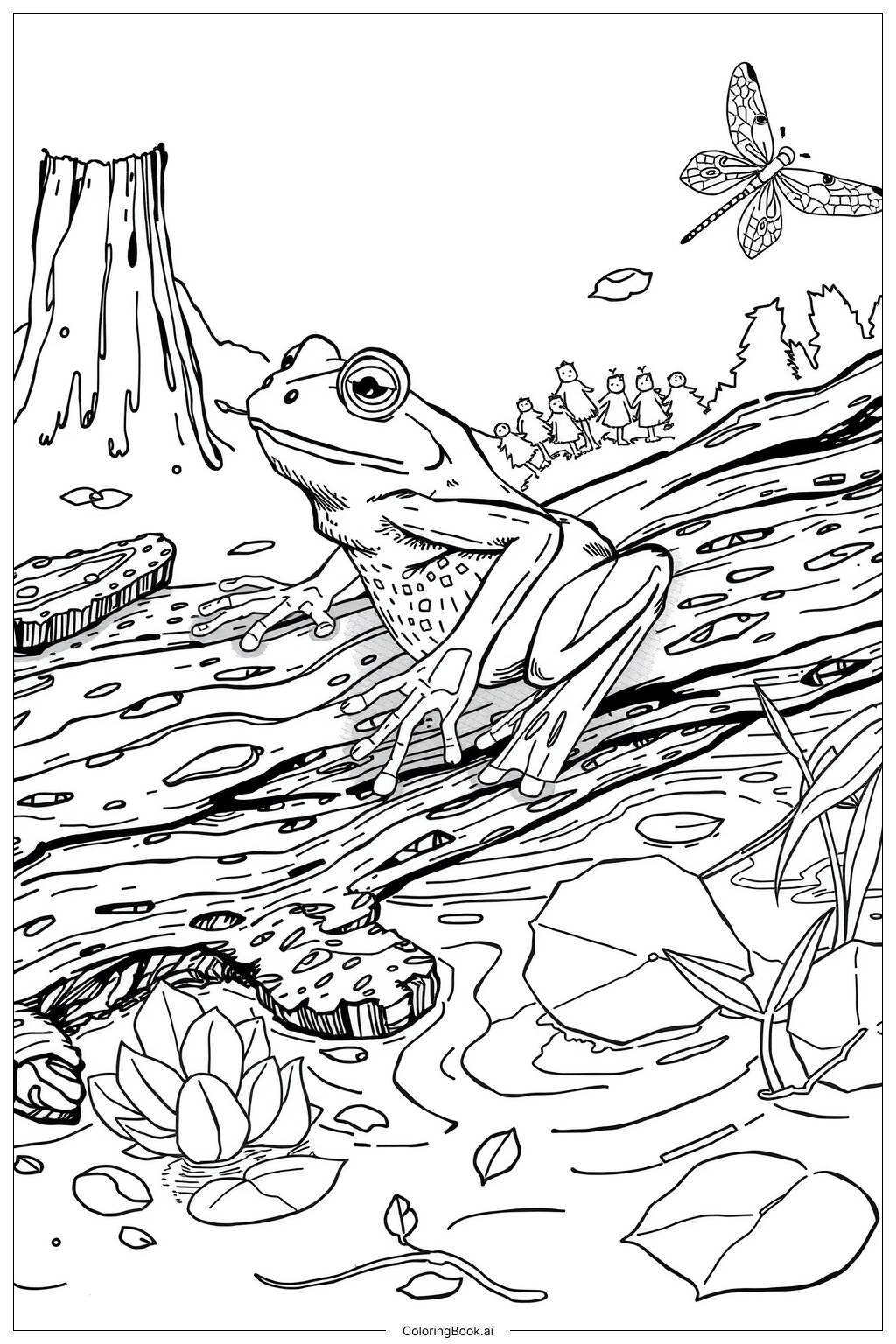  Page de coloriage Jolie Grenouille Sautant sur un Bûche 