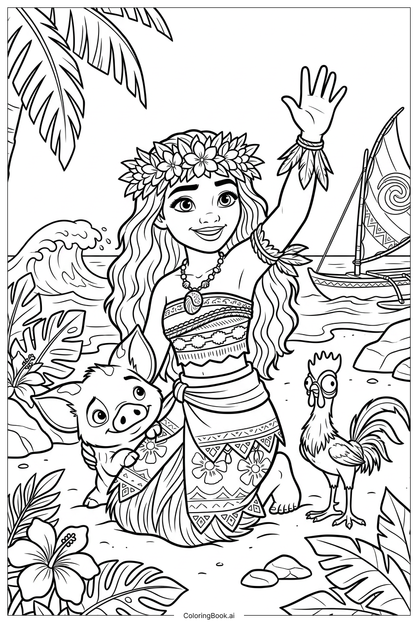  Moana Waving Proudly With Island Companions Coloring Page 
