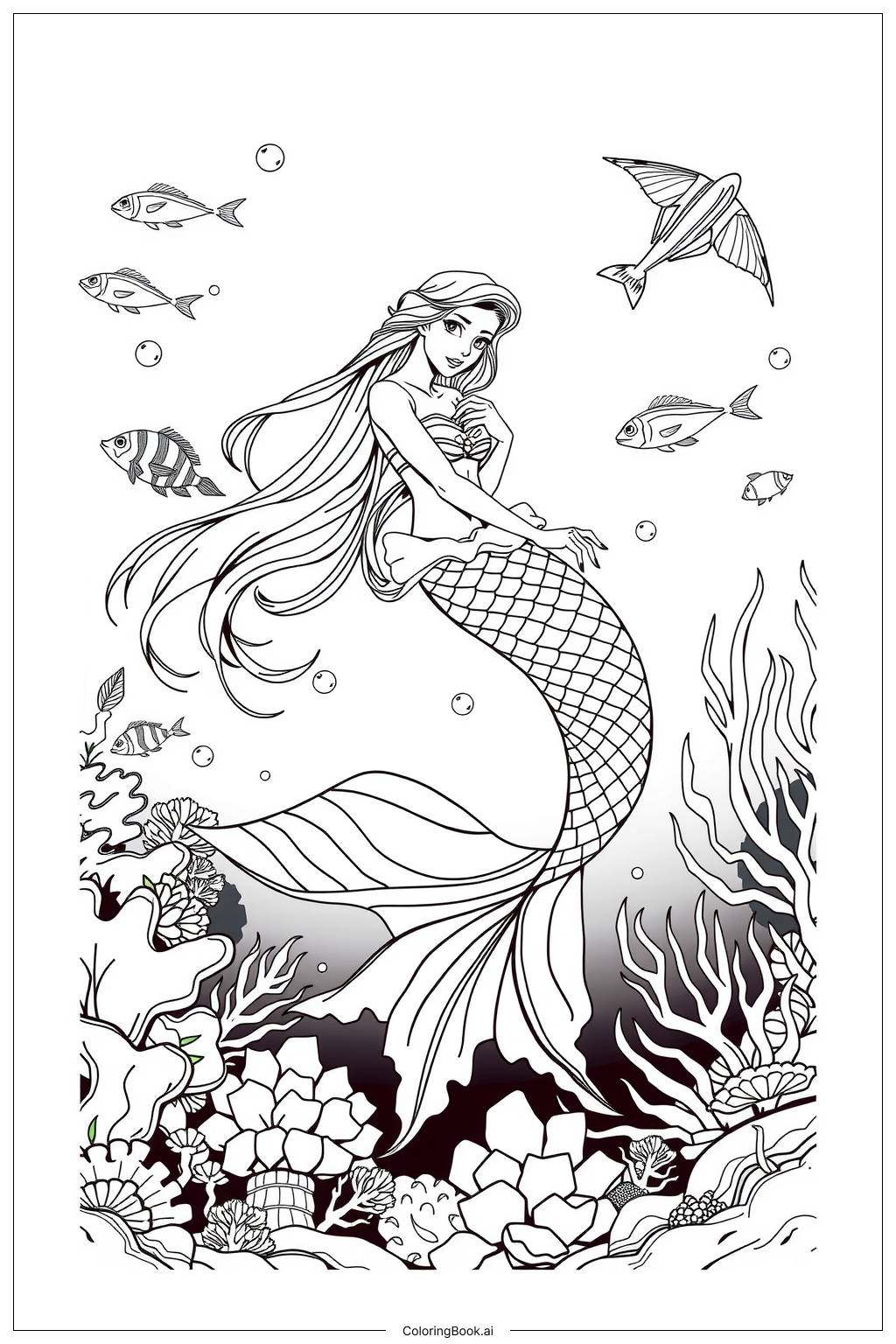  ariel swimming in the ocean Coloring Page 