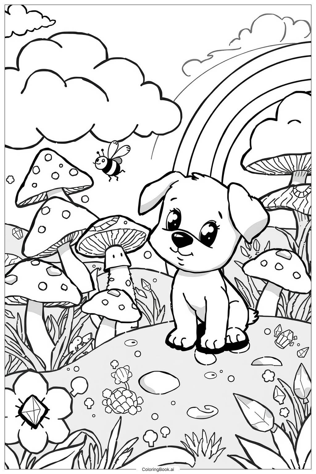  Page de coloriage Abeille et Puppycat dans un monde fantastique 