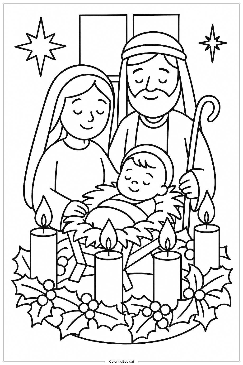  Advent Wreath with Holy Family Portrait Ausmalseite 