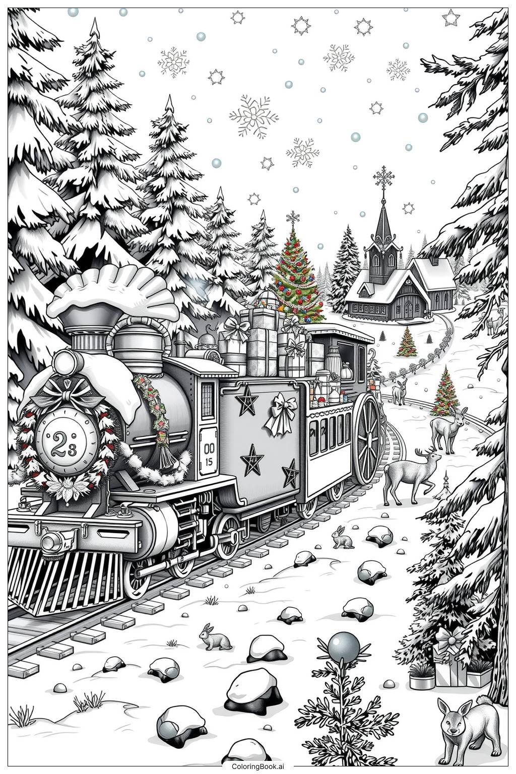  Página para colorir de trem de Natal entregando presentes na neve 