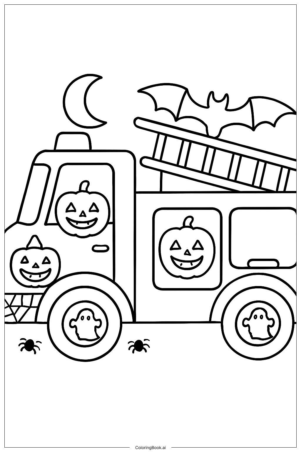  Page de coloriage Camion de pompiers sur le thème d'Halloween 