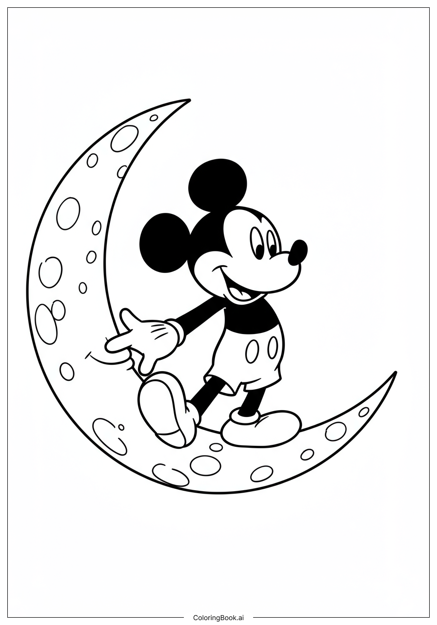 Mickey Mouse Sitting On Moon Crescent Coloring Page 