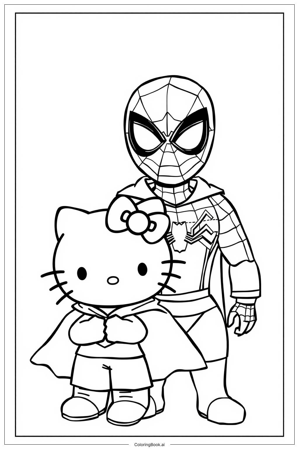  Página para colorir de hello kitty e o homem-aranha salvando o dia 