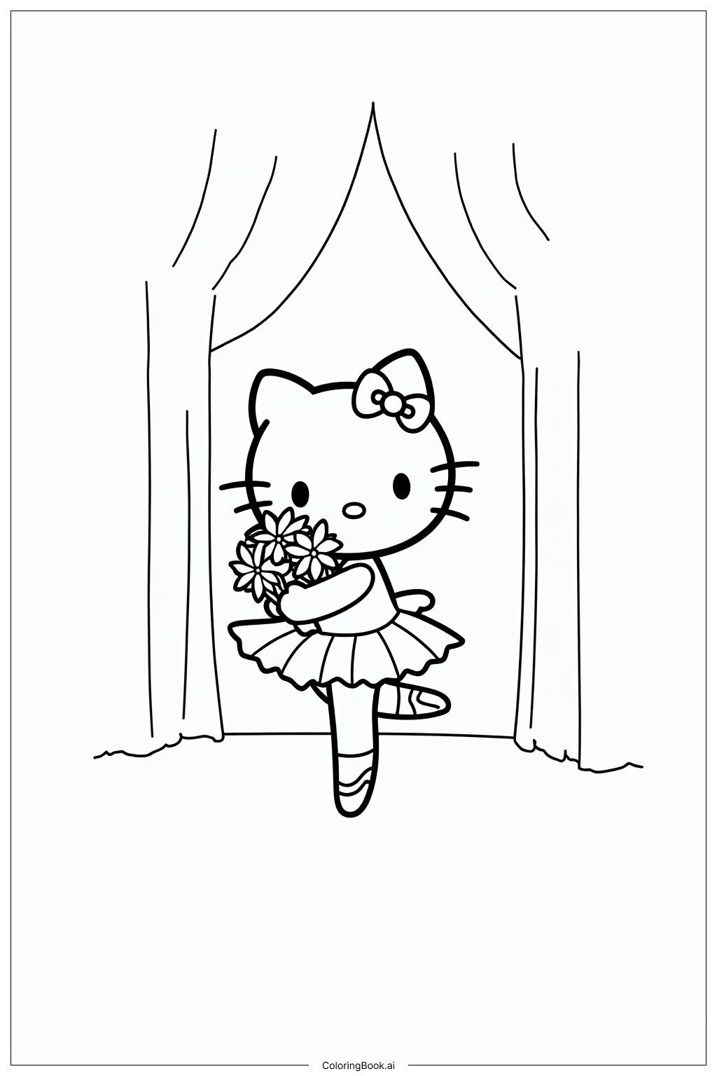  Página para colorear de Hola Kitty Bailarina Sosteniendo un Ramo de Flores 