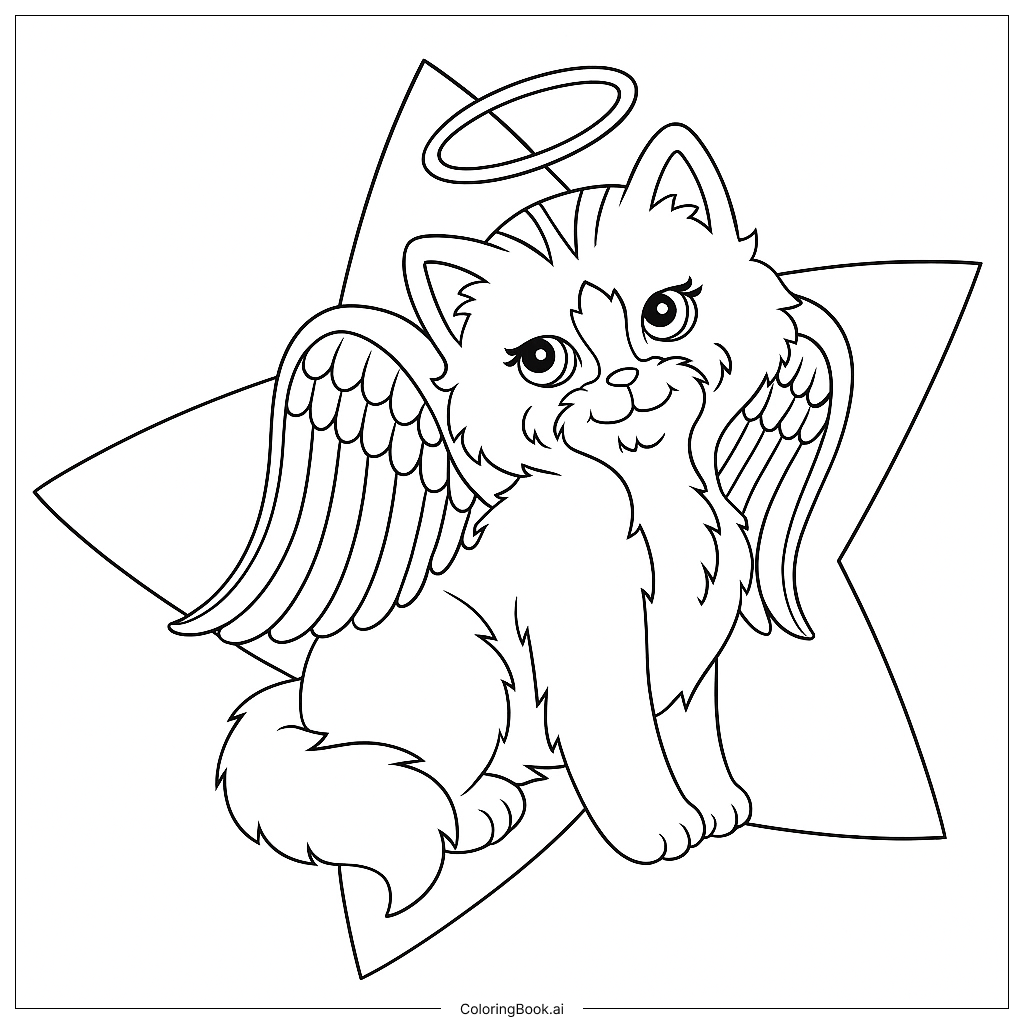  Page de coloriage Un chaton ange avec des ailes arc-en-ciel, l'arrière-plan est une étoile verte 