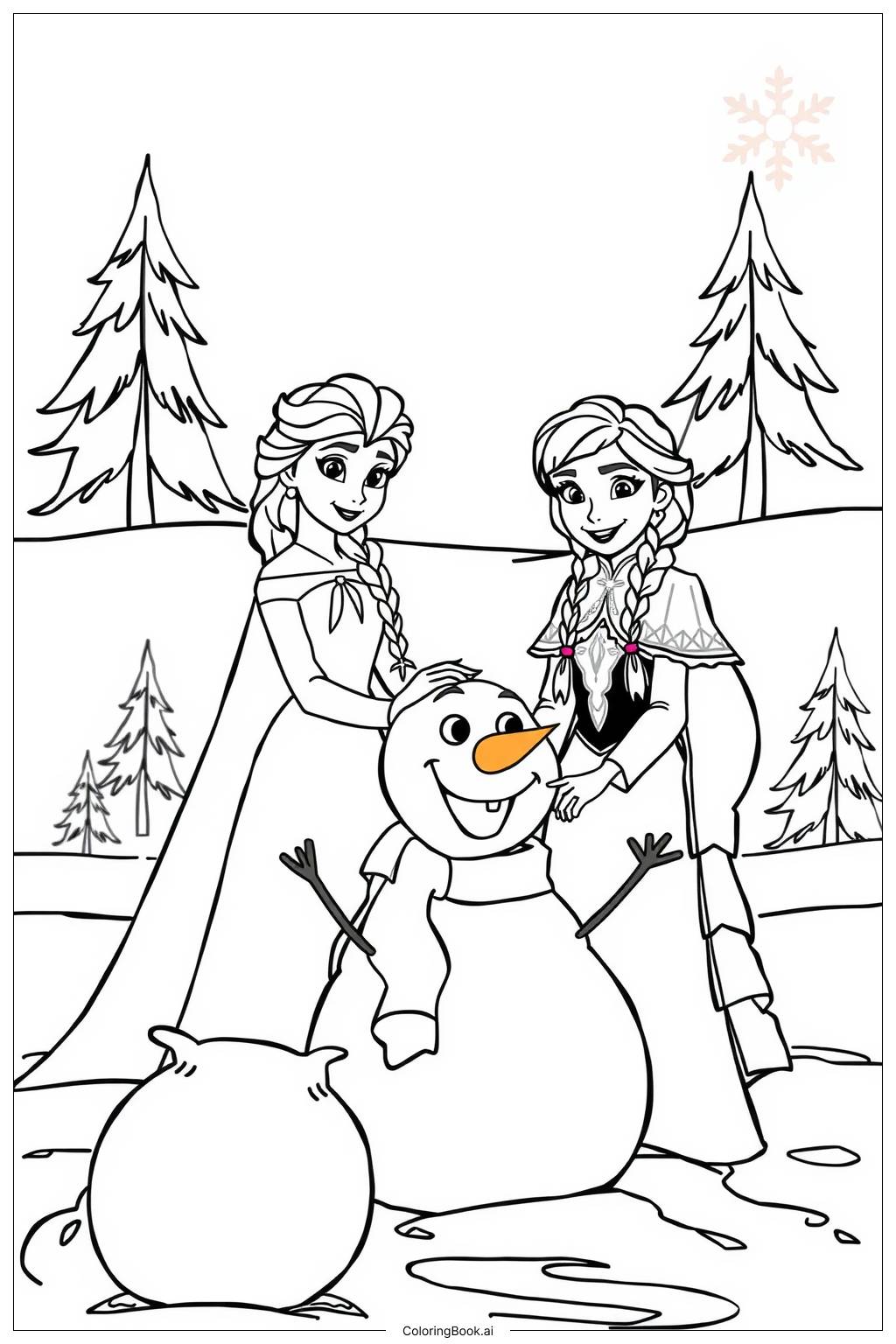  Elsa and Anna Building a Snowman Coloring Page 