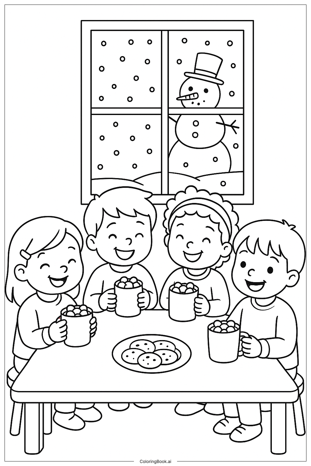  눈 오는 날 핫 코코아 파티 색칠공부 페이지 