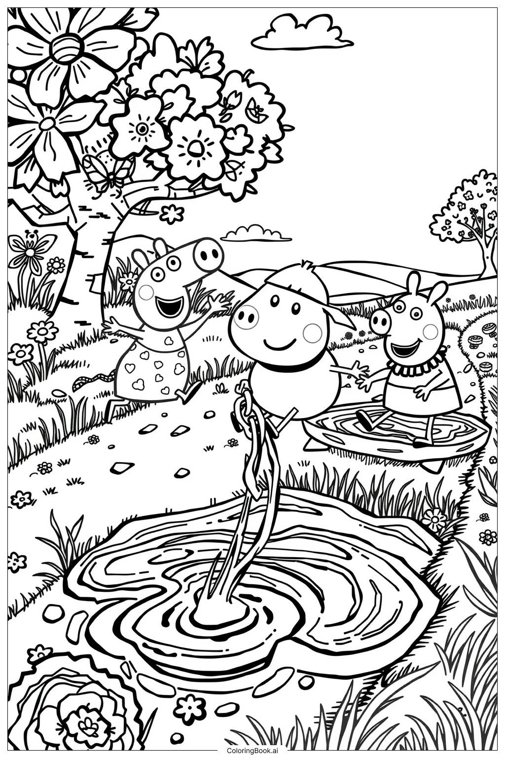  peppa pig muddy puddles race with her friends Coloring Page 