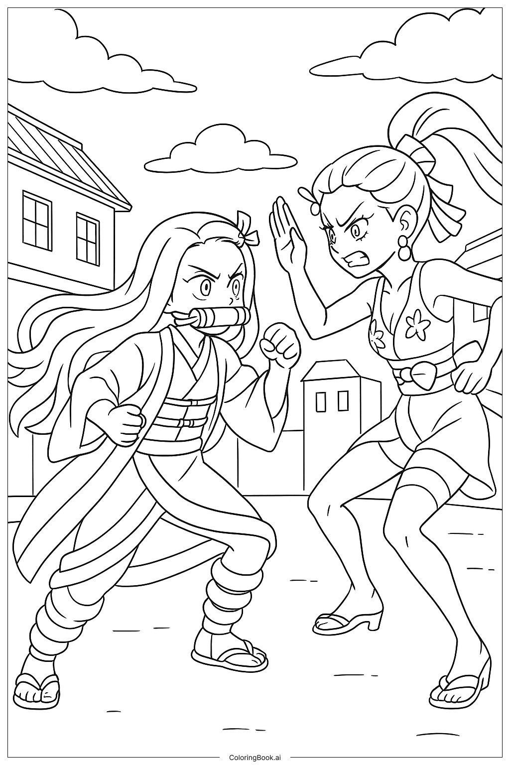  Página para colorear de Nezuko versus el demonio Daki 