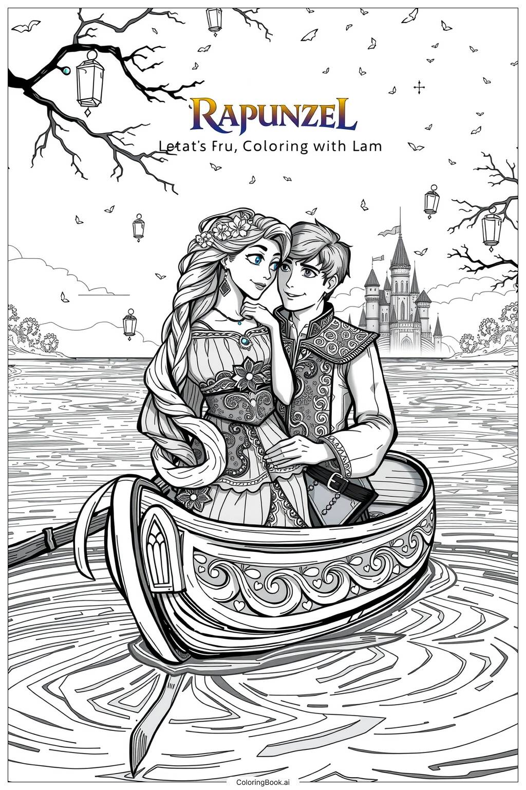  Página para colorir de Rapunzel e Flynn em um Passeio de Barco 