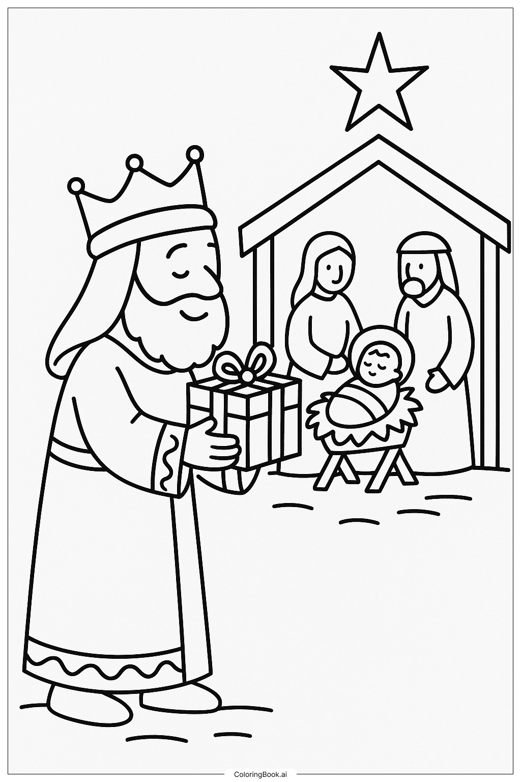  Weiser Mann bietet Geschenk zur Geburt an Ausmalseite 