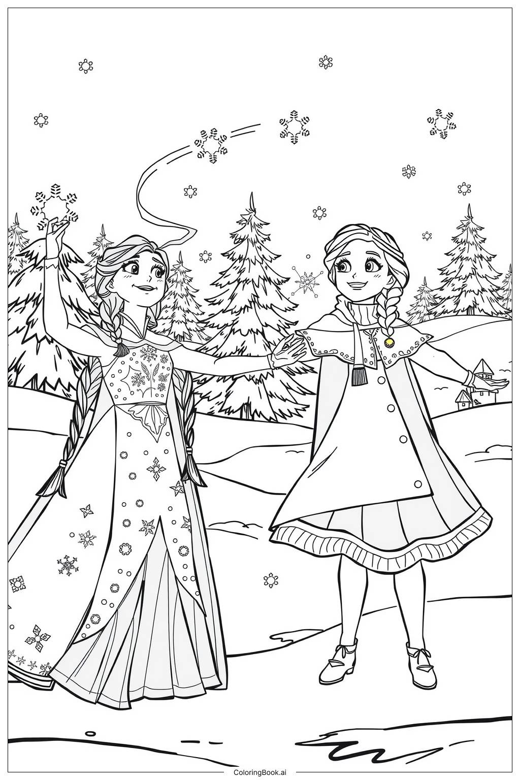  Elsa and Anna in the Snow -2 Coloring Page 