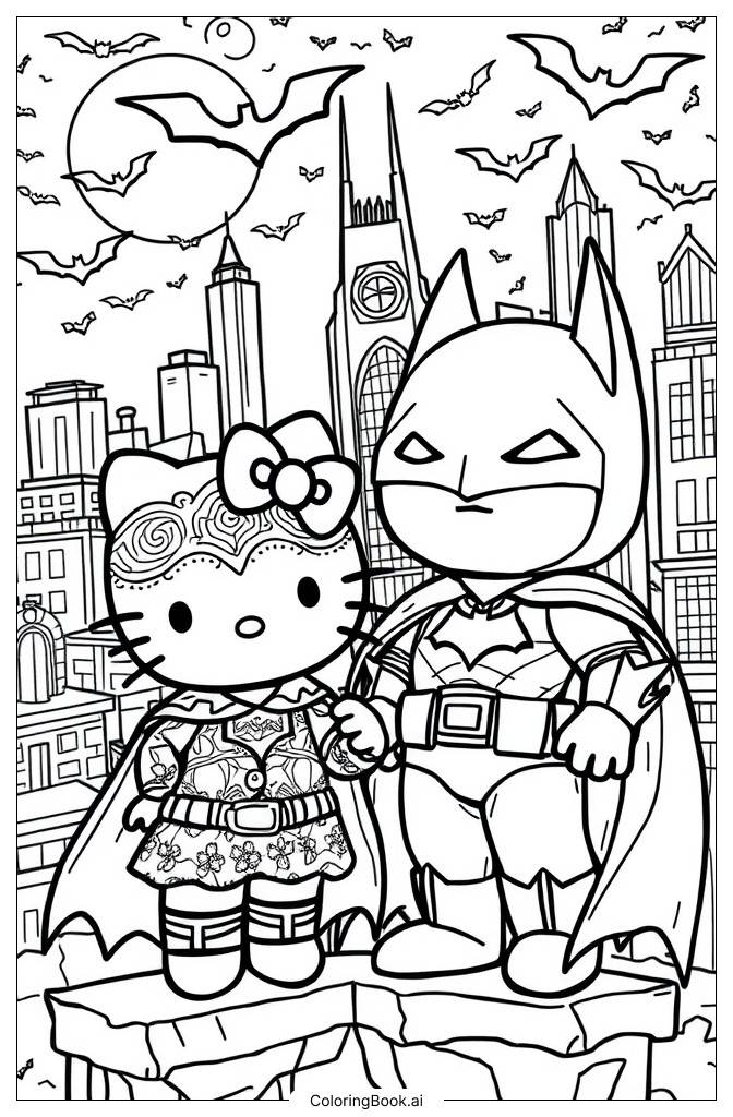  Página para colorir de Hello Kitty Encontra o Batman 