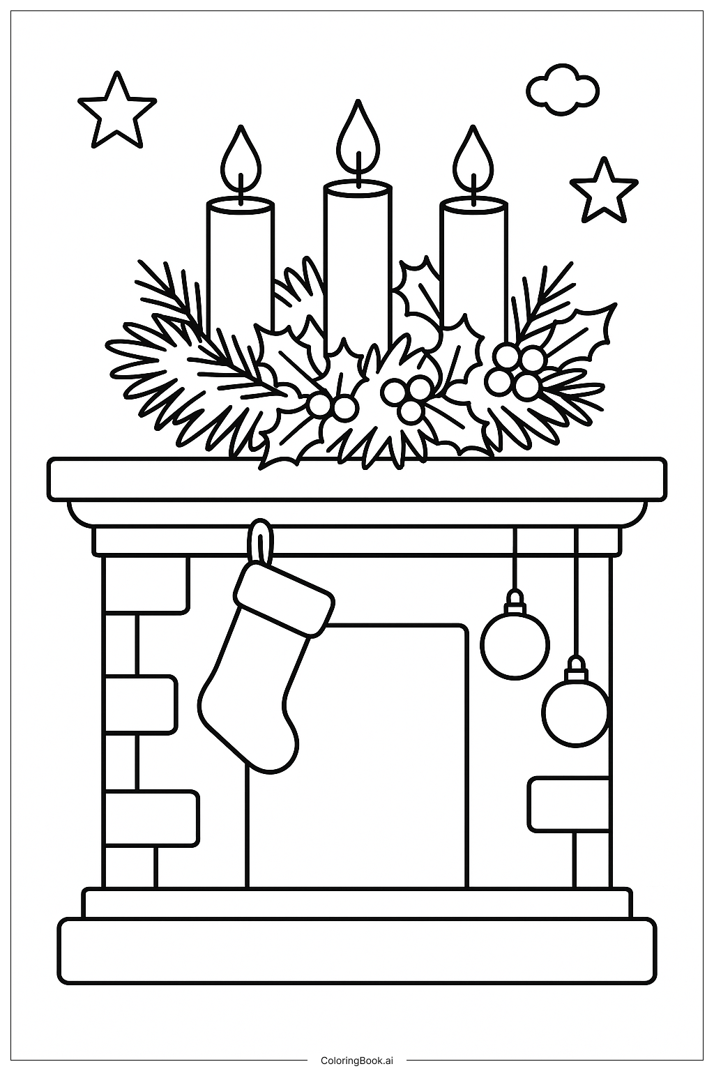  Advent Wreath on a Fireplace Mantel Ausmalseite 