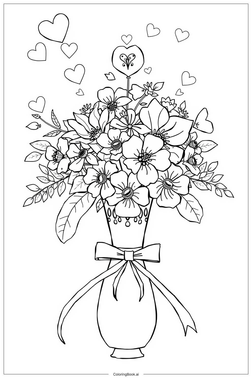  Page de coloriage Conception de bouquet de cœurs et de fleurs 