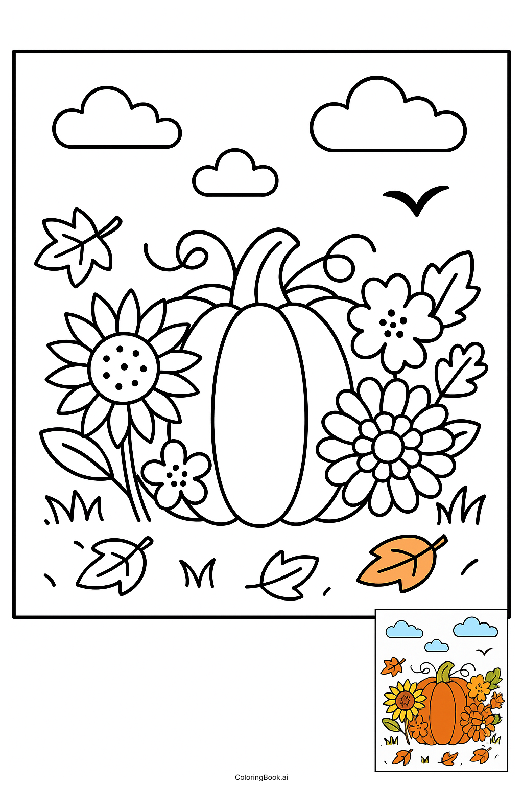  Kürbis mit Herbstblumen Ausmalseite 