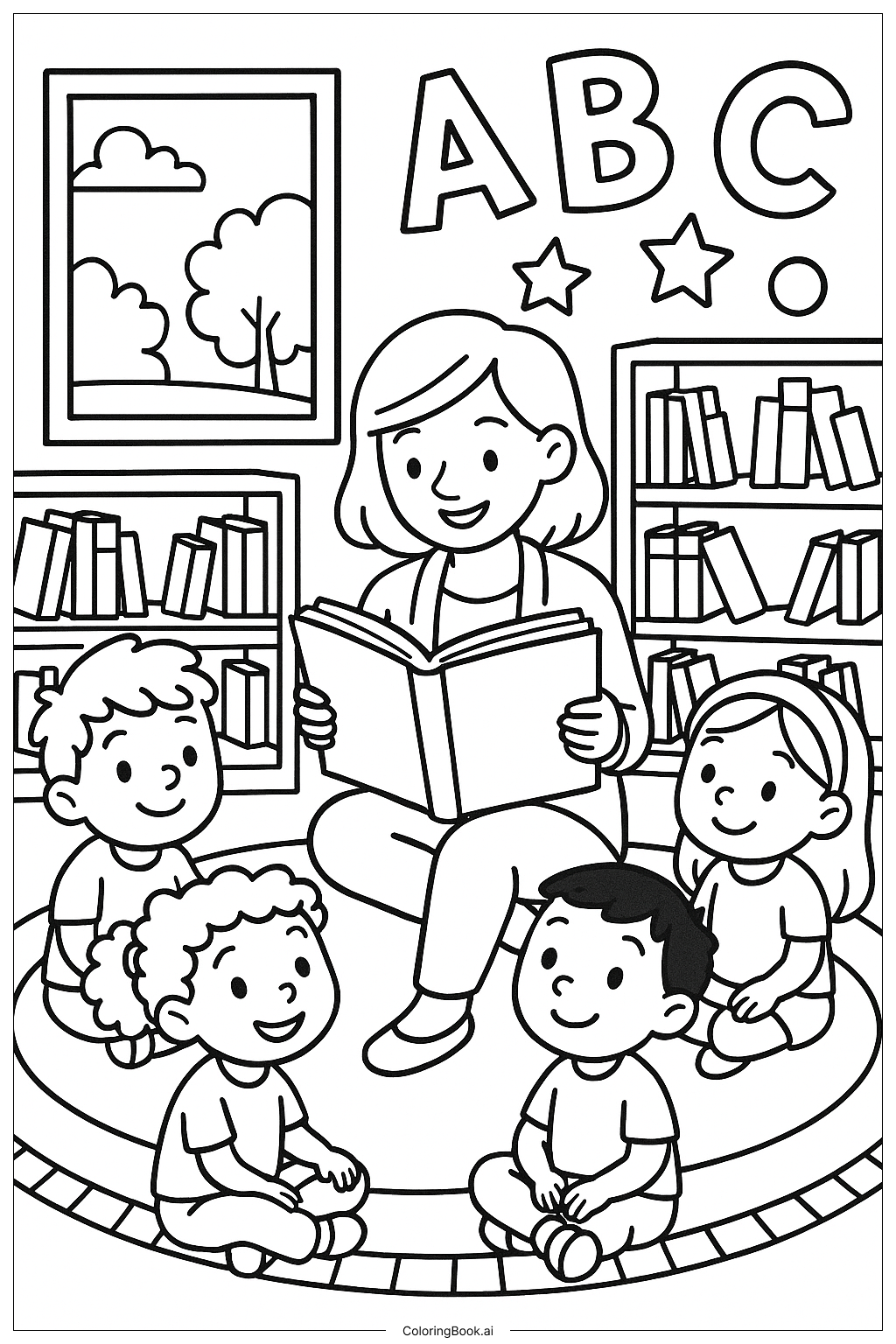  Page de coloriage Premier Jour de Lecture à la Bibliothèque Scolaire 