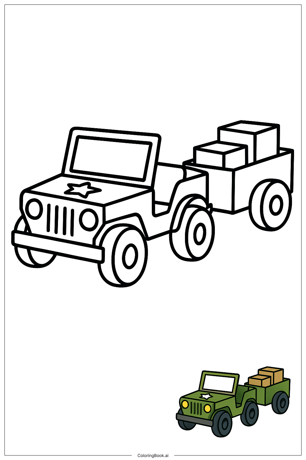  Page de coloriage Jeep de l'armée tirant une remorque 