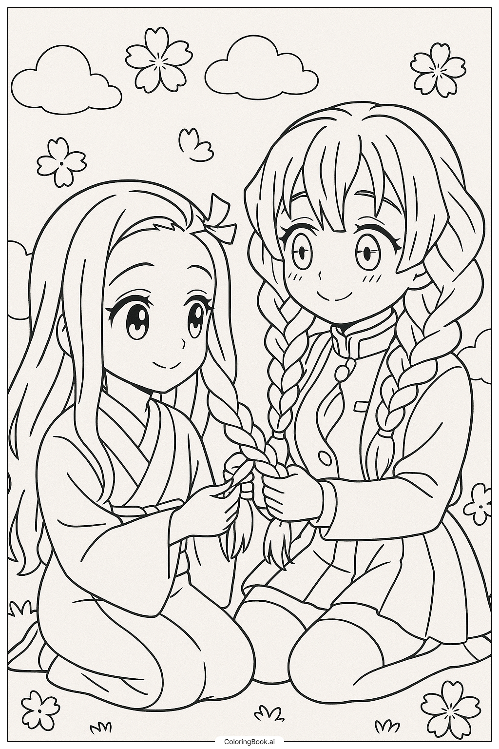  Página para colorear de Nezuko y Mitsuri trenzando el cabello 