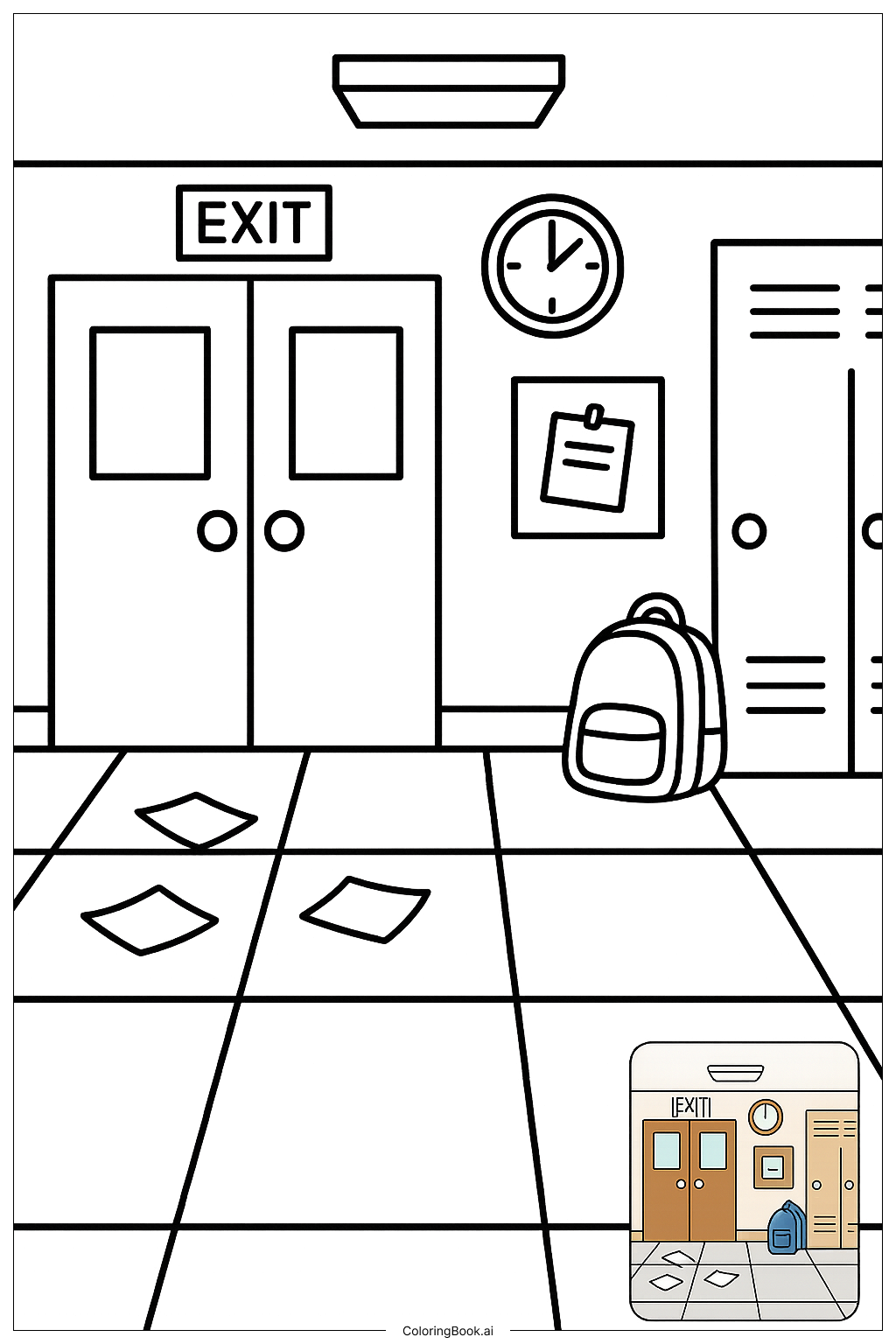  学校の最終日 空っぽの廊下の塗り絵ページ 