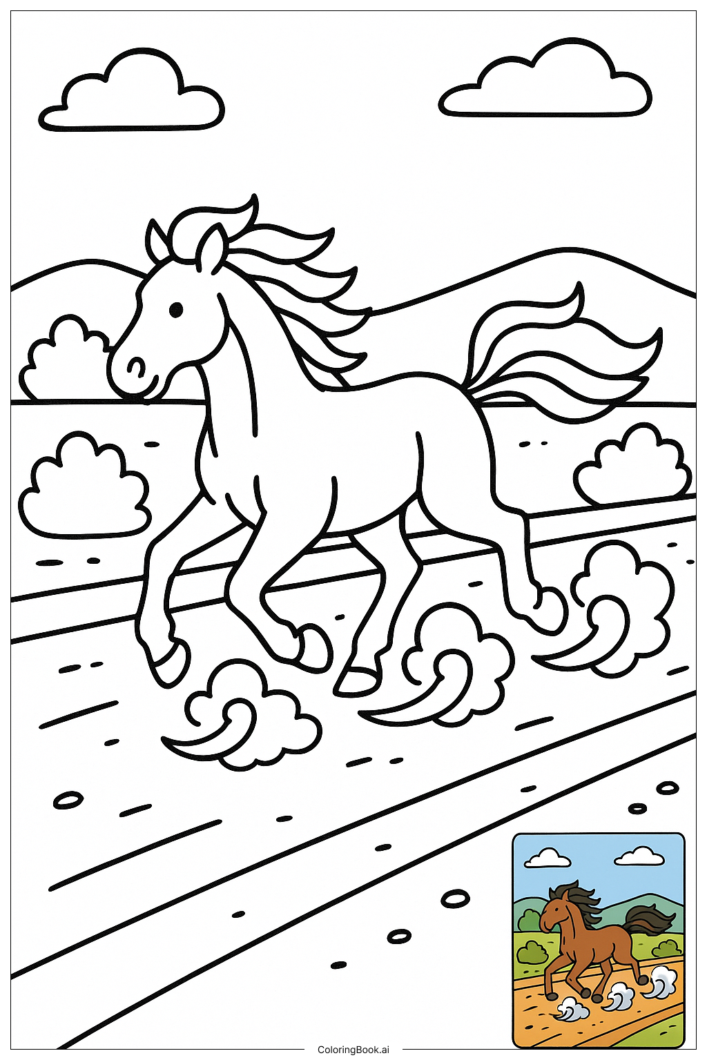  馬がほこりを巻き上げながら土の道を駆けるの塗り絵ページ 