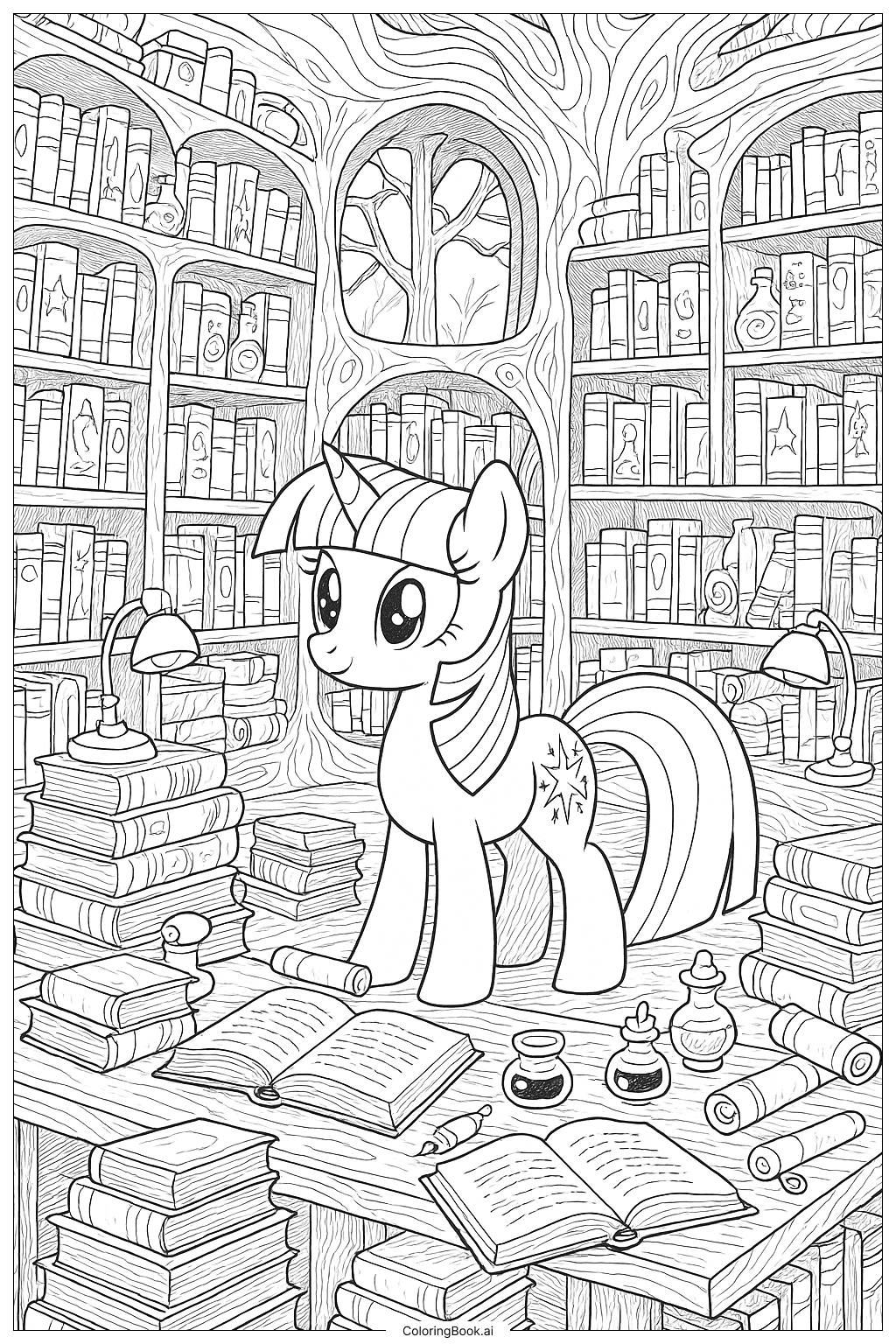  Page de coloriage Twilight Sparkle dans la Bibliothèque du Chêne d'Or 