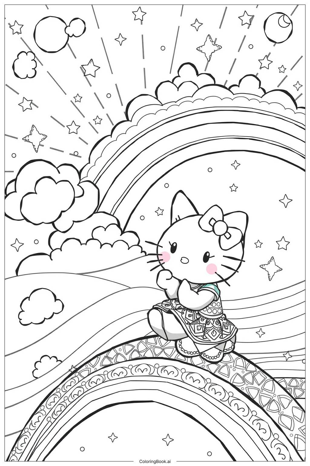  Page de coloriage hello kitty assise sur un arc-en-ciel 