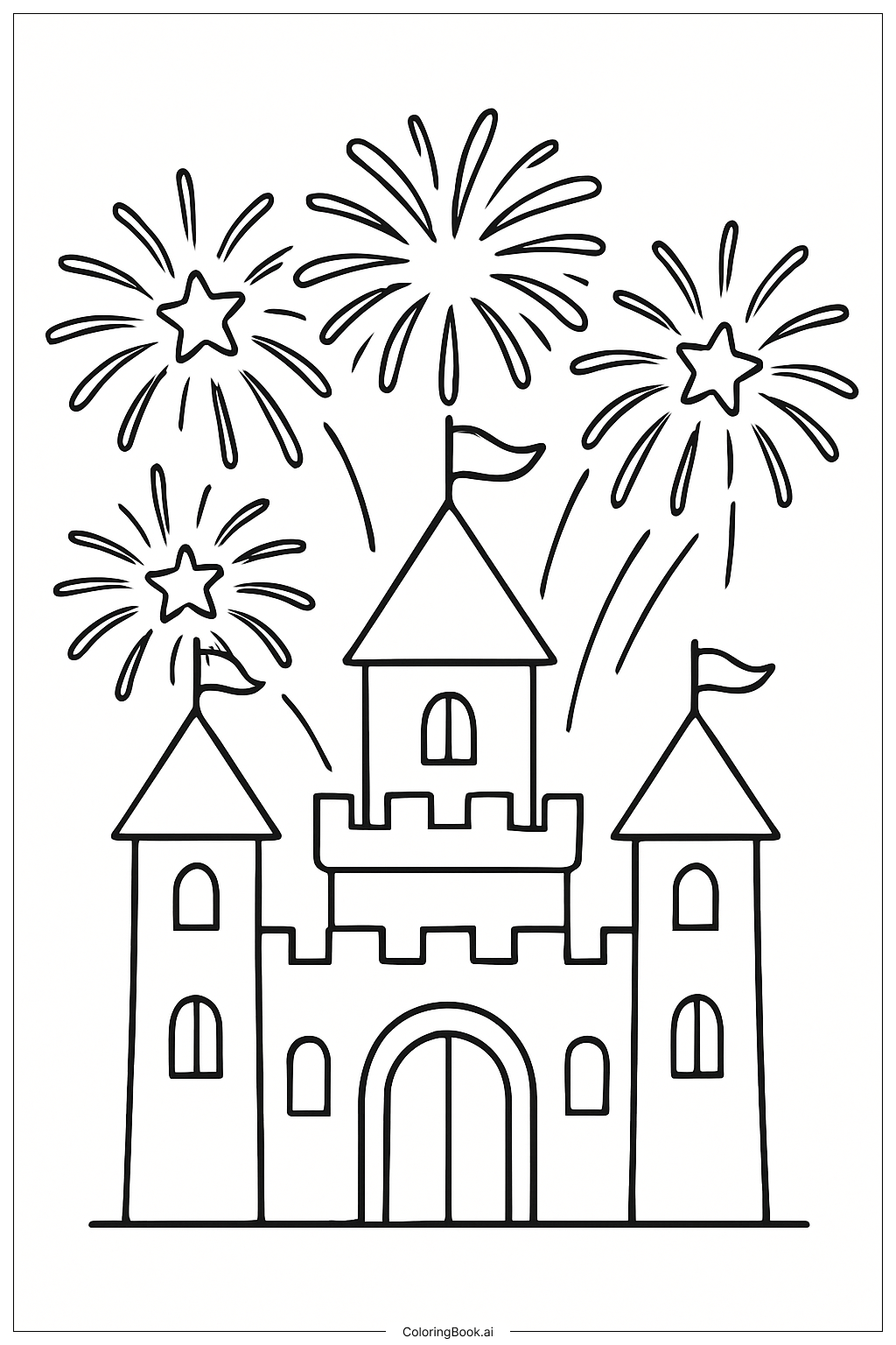Fireworks Behind A Cartoon Castle Coloring Page