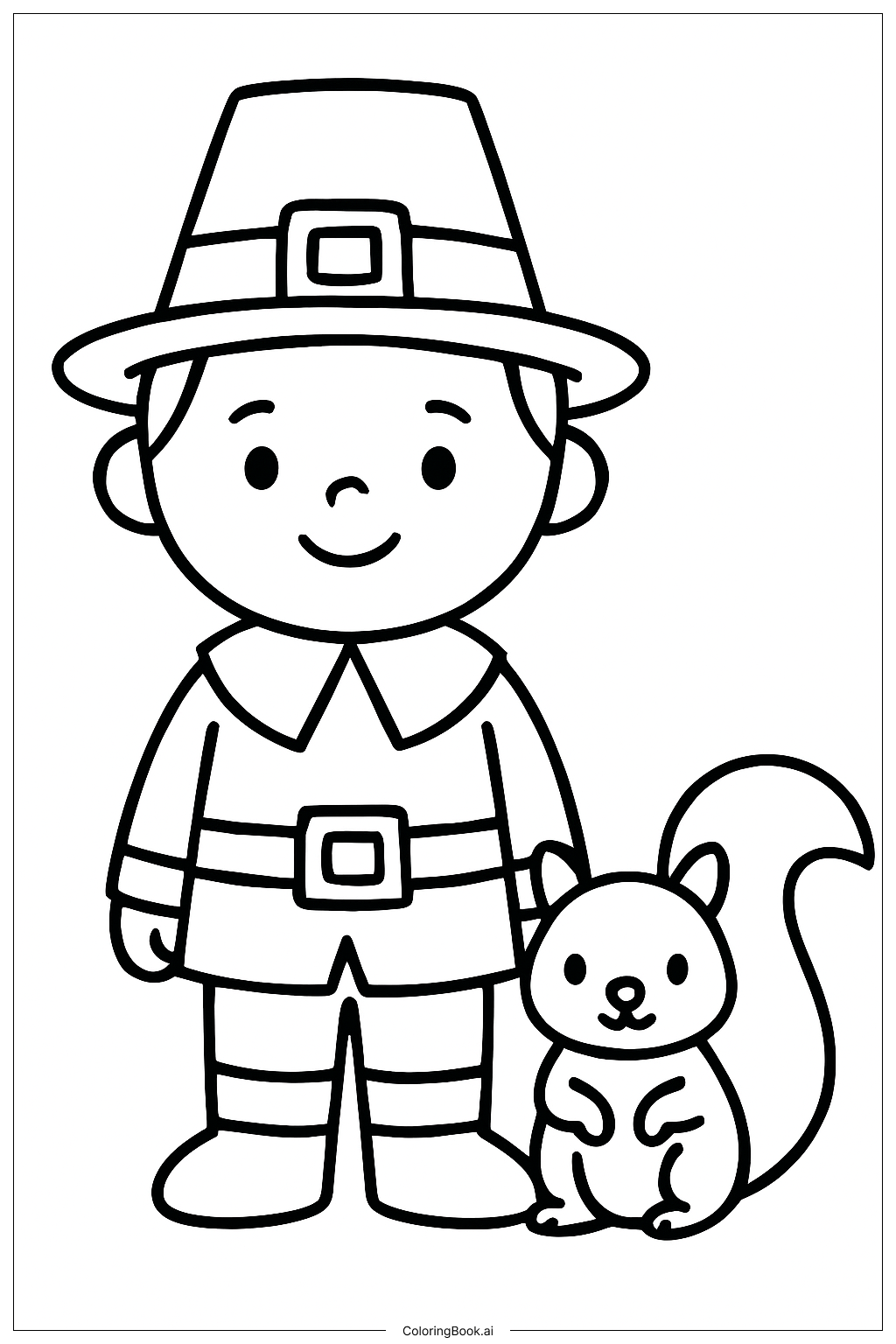  애완 다람쥐와 함께 있는 순례자 소년 색칠공부 페이지 