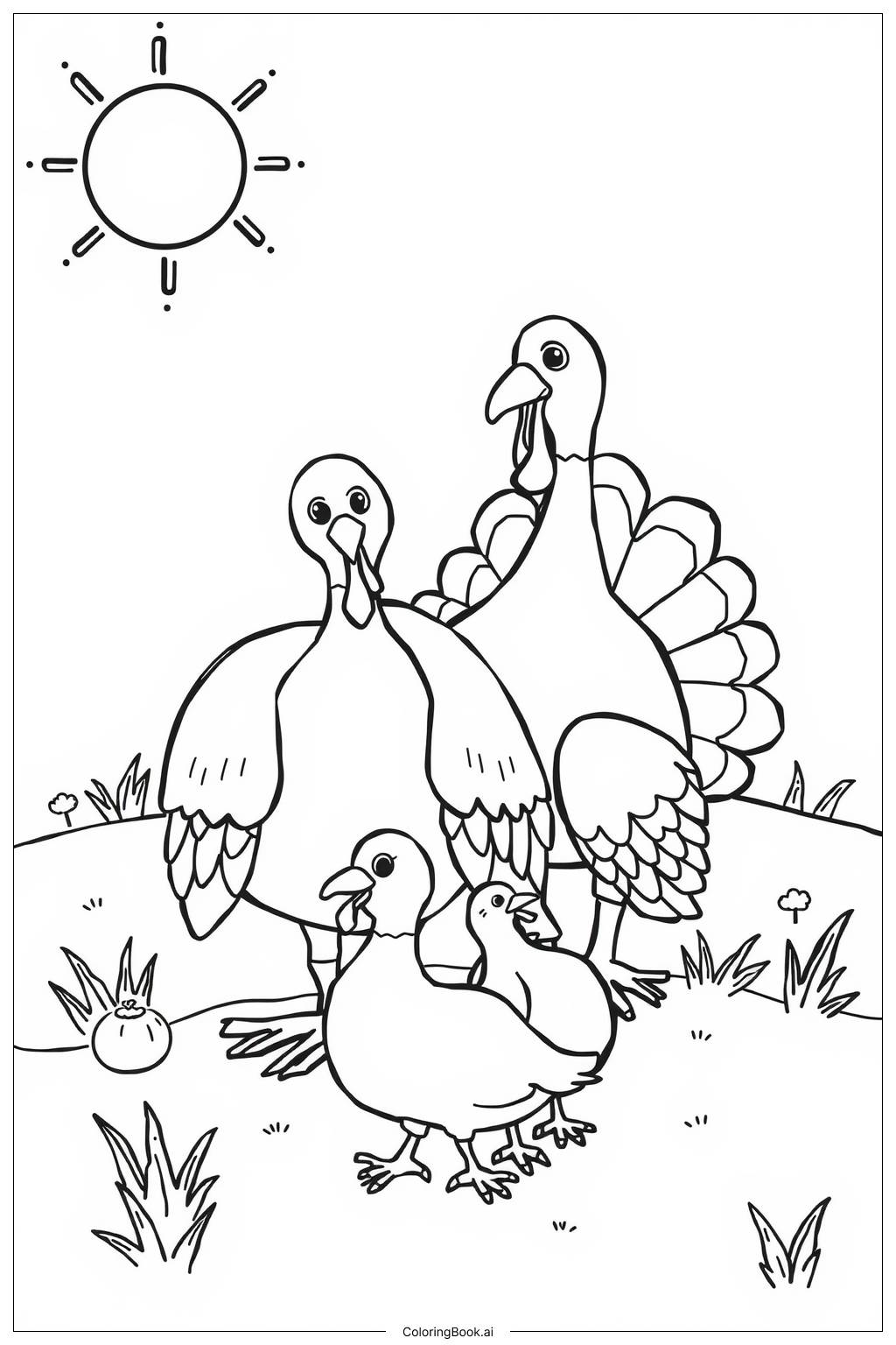  Turkey Family Nature Coloring Page 