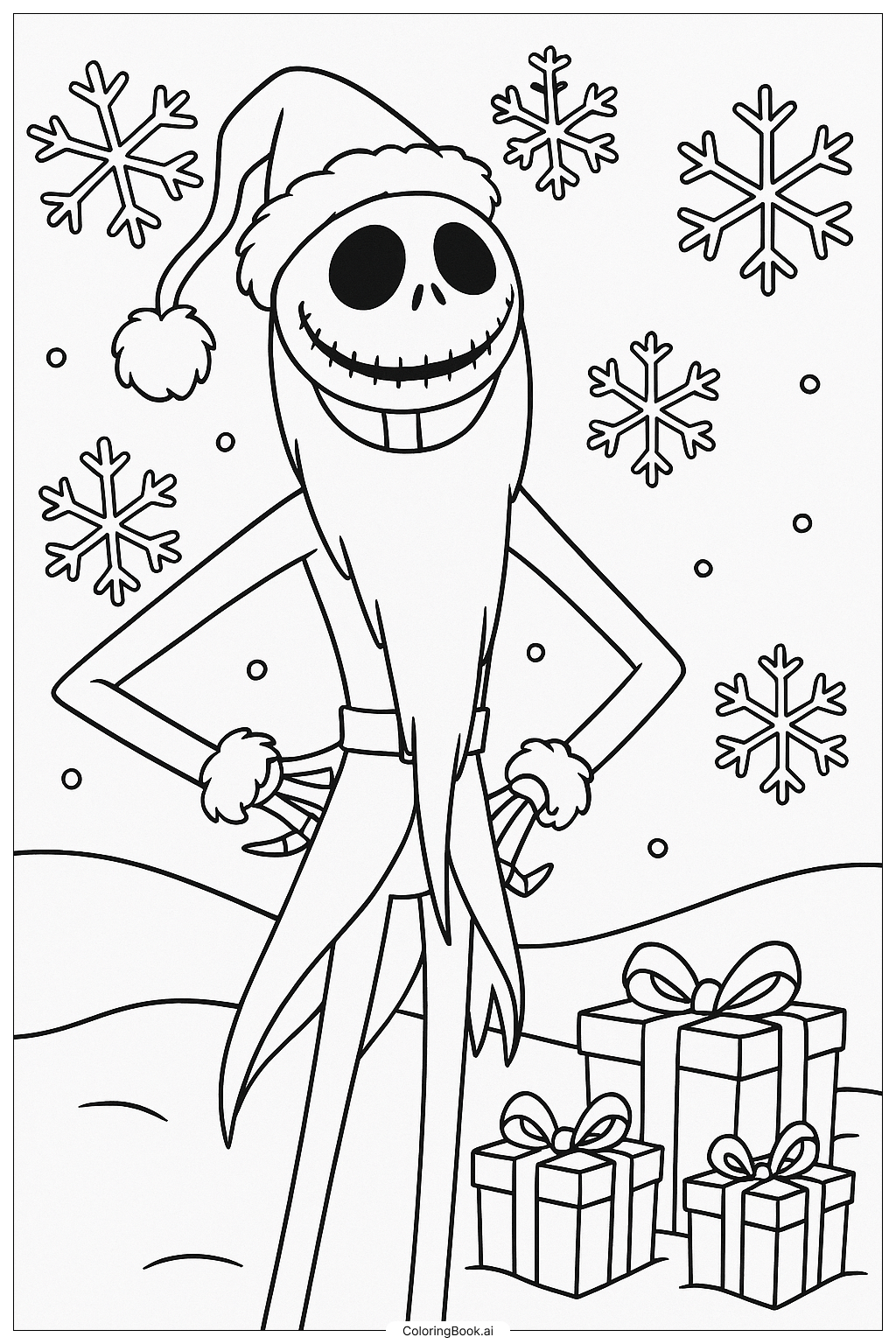  ナイトメアー・ビフォア・クリスマスのサンタスーツを着たジャック・スケリントンの塗り絵ページ 