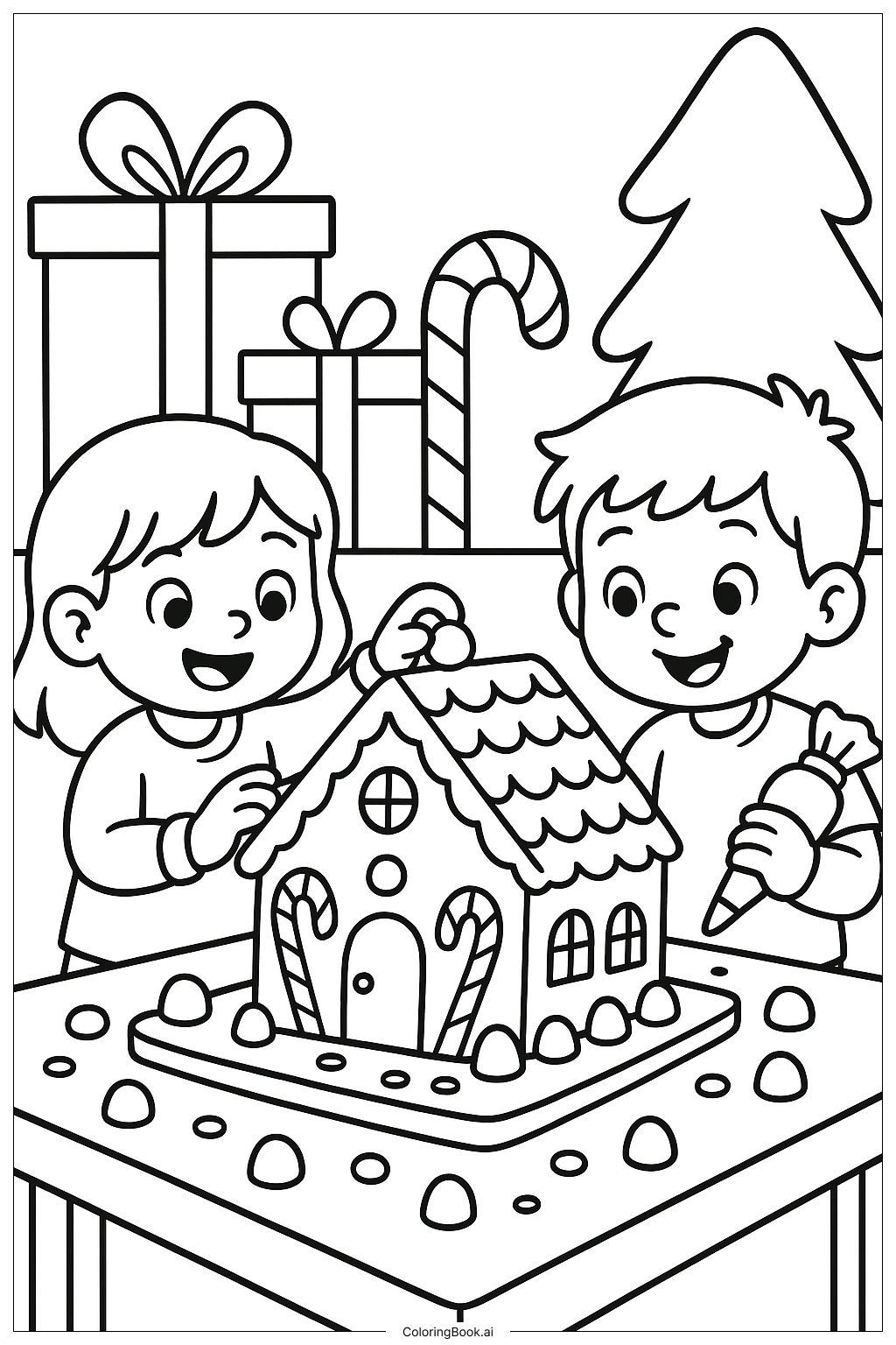  Two Children Building A Gingerbread House Coloring Page 