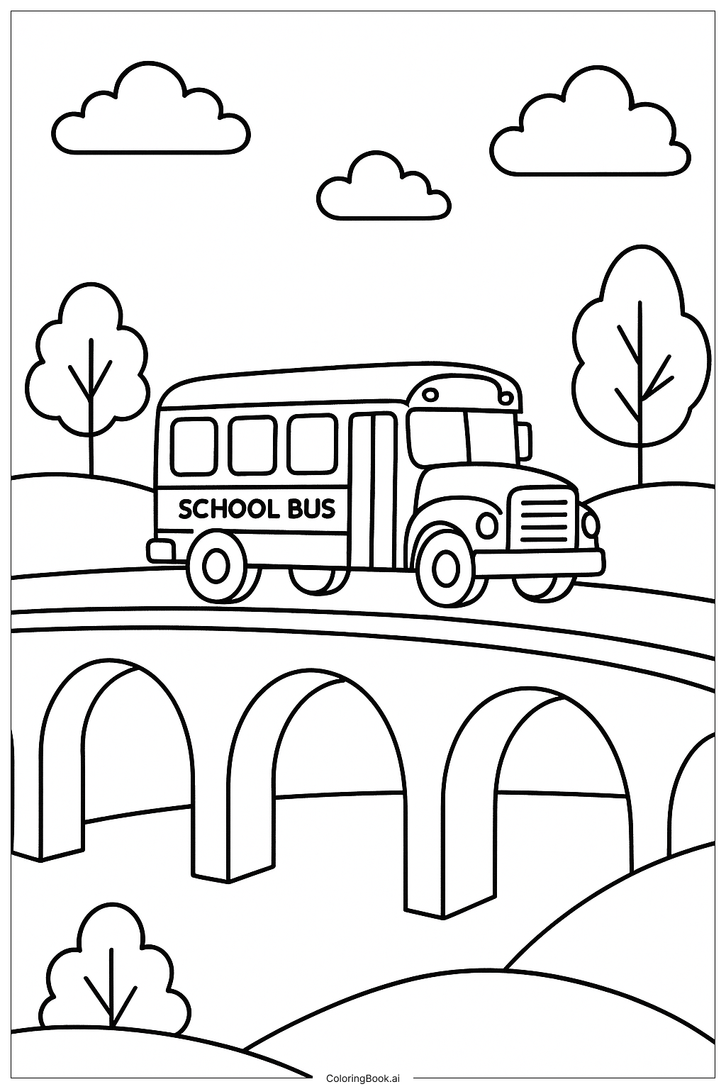  Ein Schulbus, der eine Brücke überquert Ausmalseite 