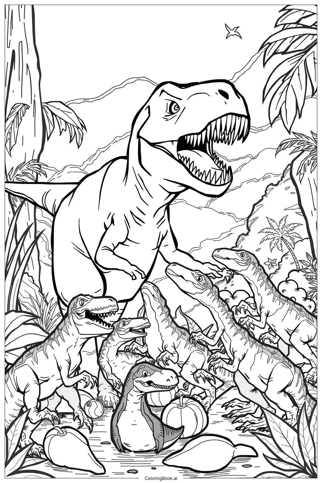  Página para colorear de Jurassic World Dinosaurios en un Frenesí de Alimentación-2 