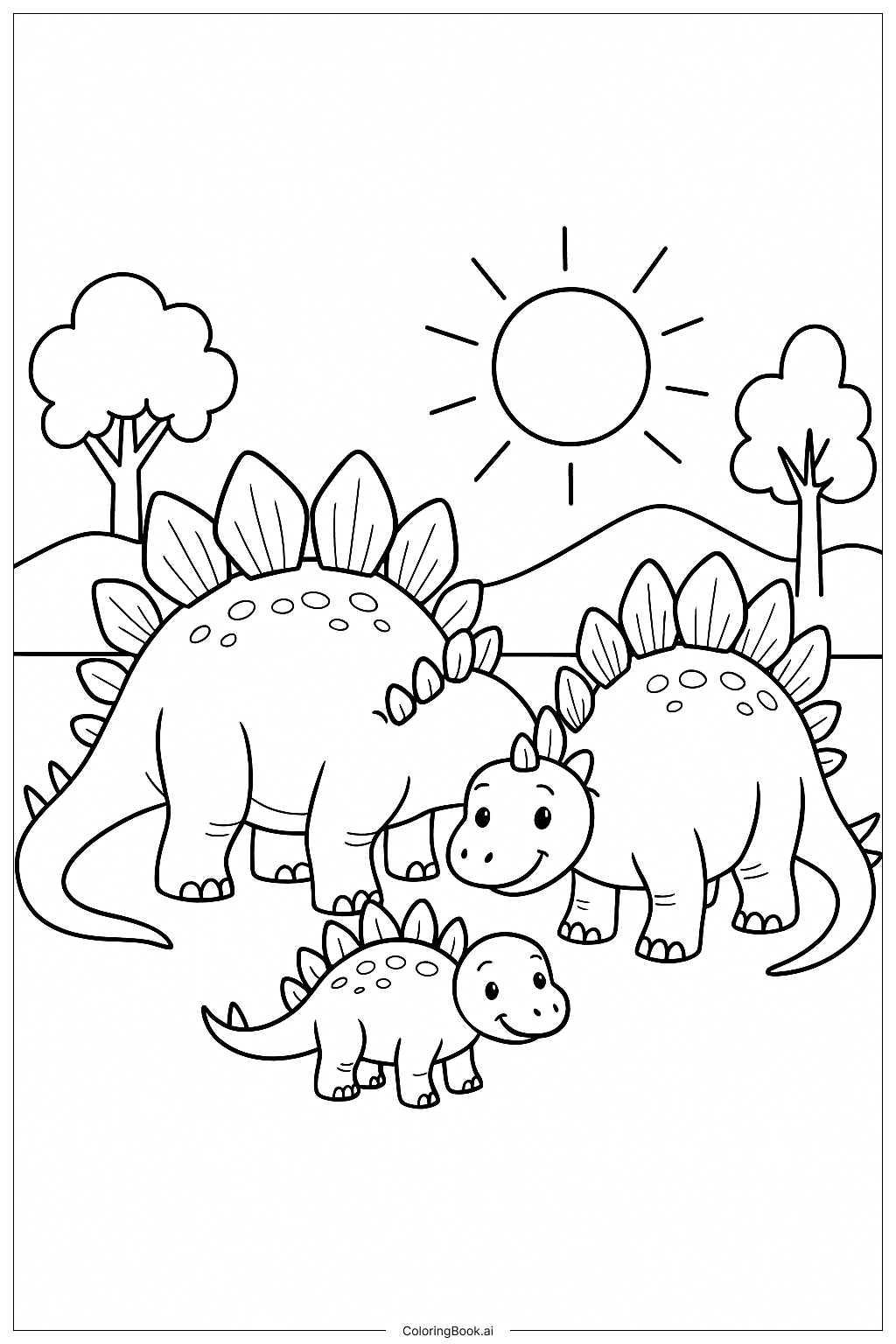 Stegosaurus-Familie bei Sonnenuntergang Ausmalseite