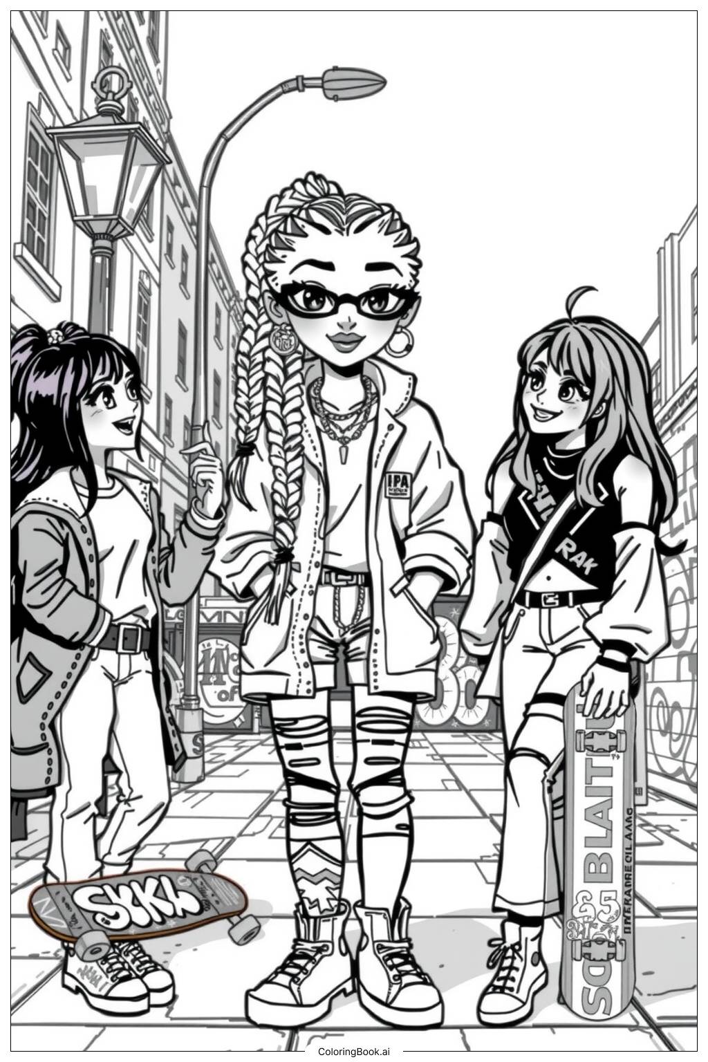  Page de coloriage Fille Noire Gangsta avec des Amies en Ville-2 