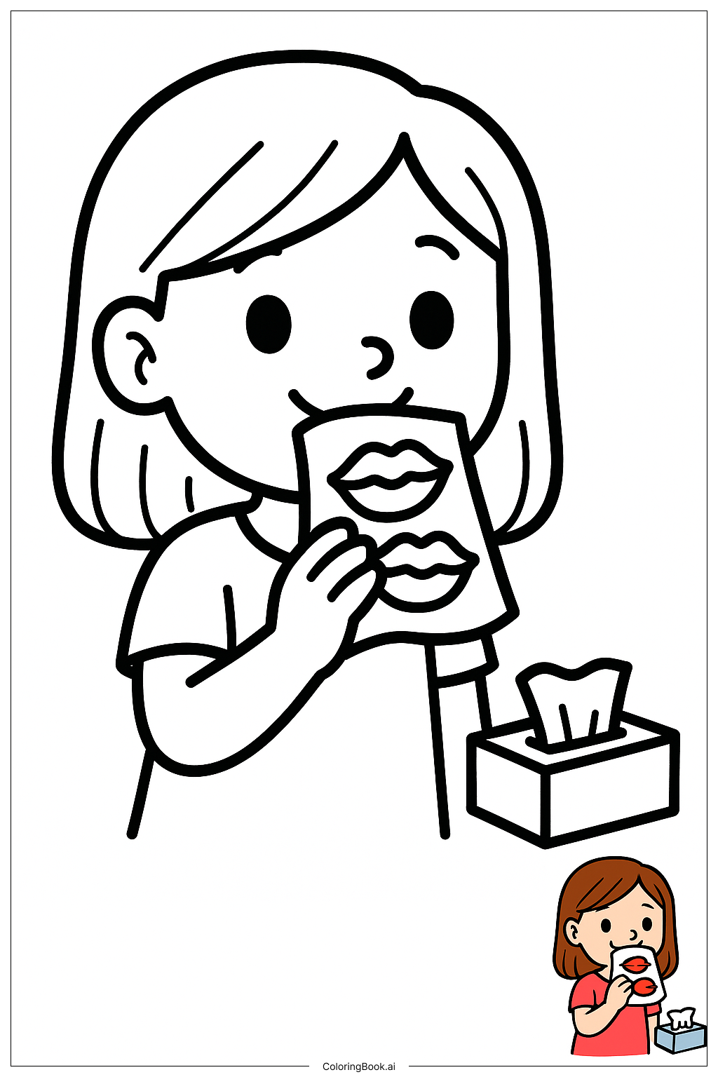  Página para colorear de Niña con lápiz labial y papel tissue 