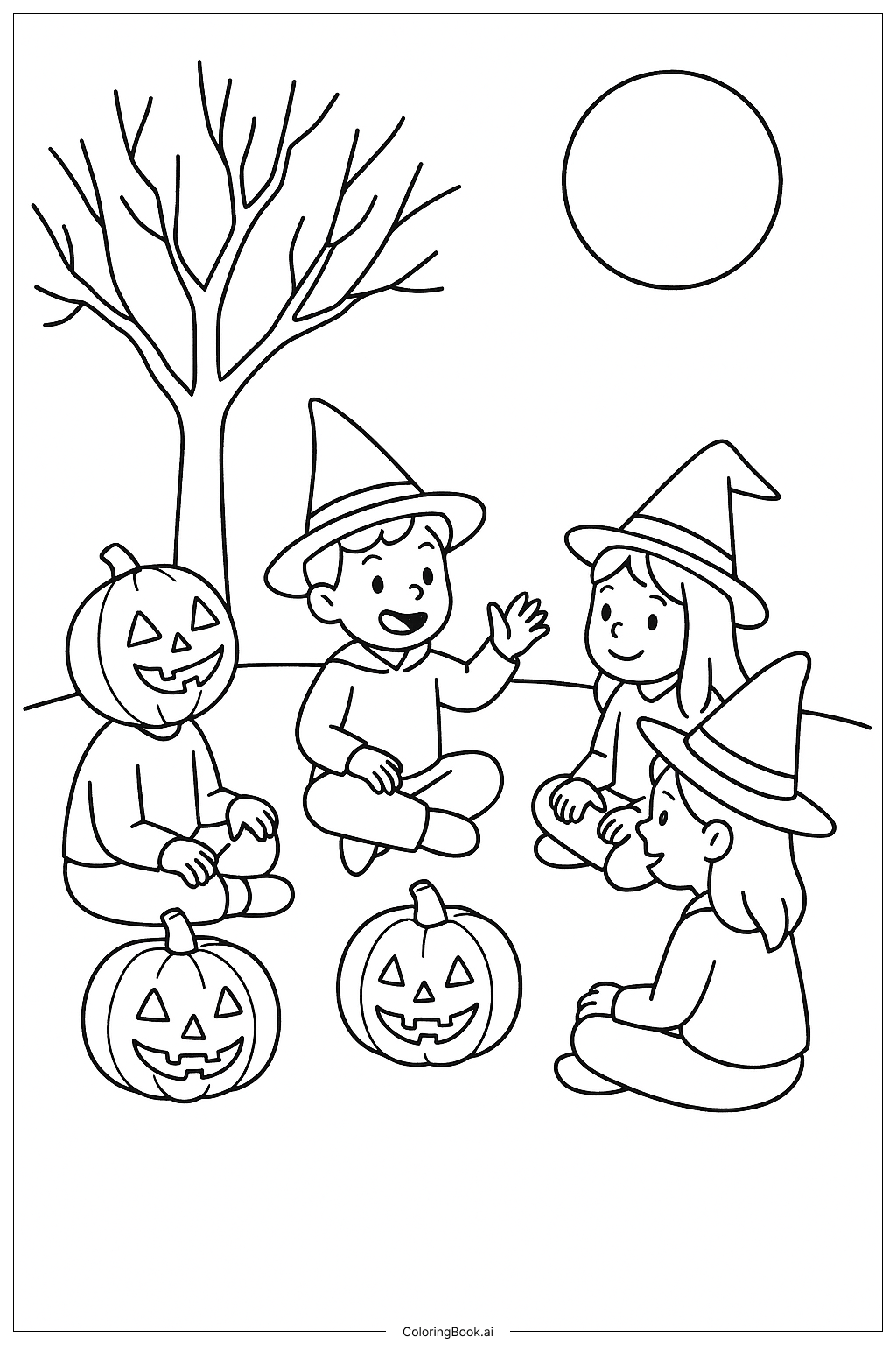  Kinder erzählen sich Geistergeschichten zu Halloween 2025 Ausmalseite 