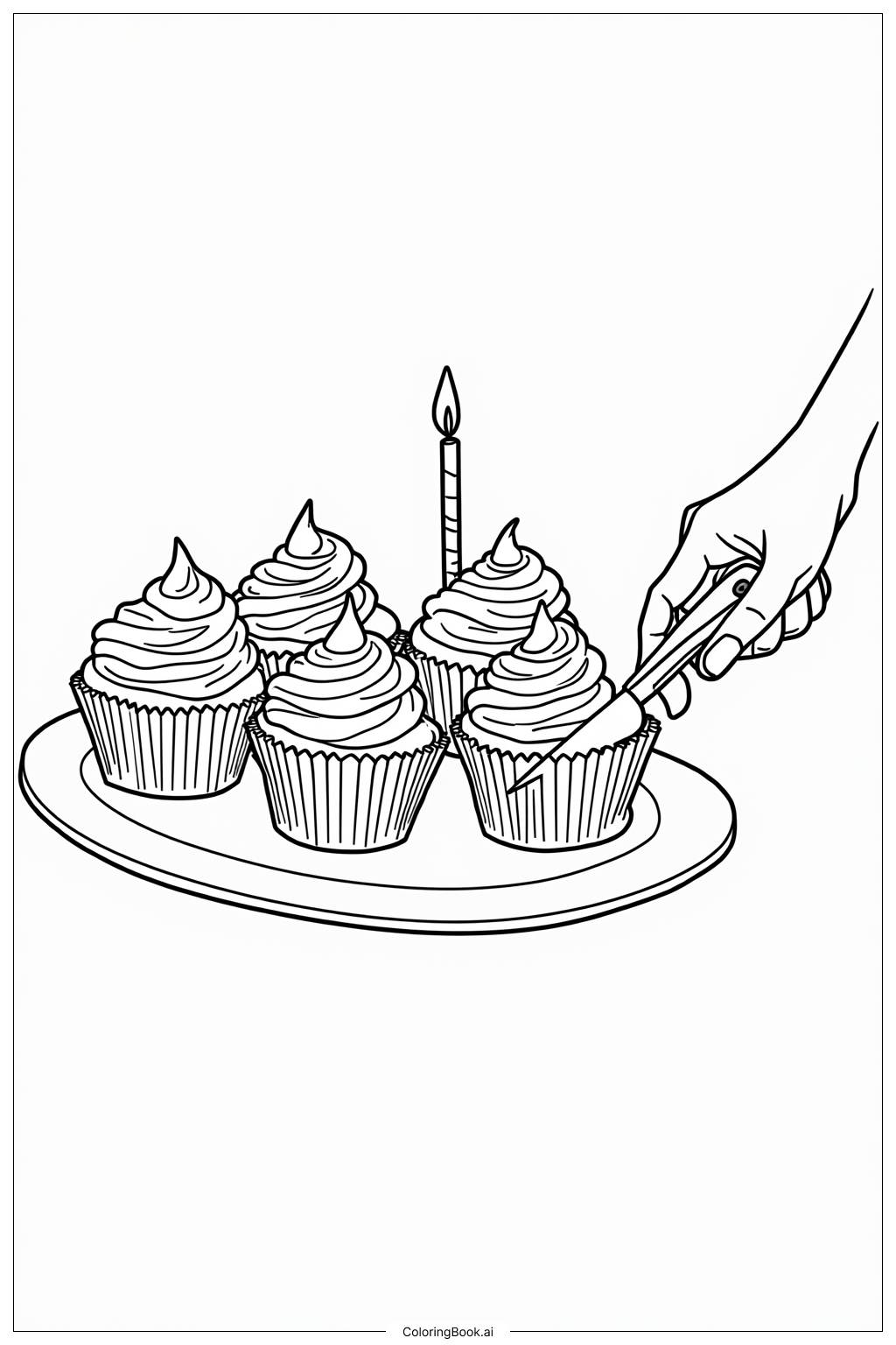  Página para colorear de Cupcakes siendo cortados en una celebración de cumpleaños 