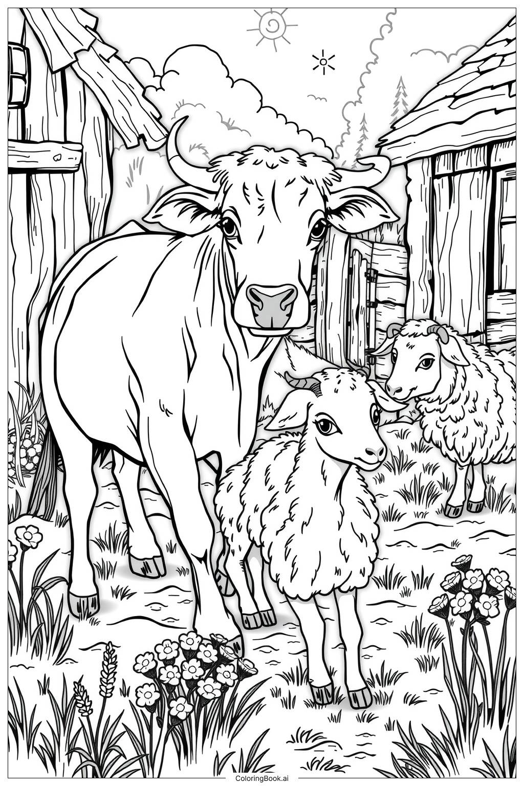  Farm Animals in a Sunny Pasture Coloring Page 