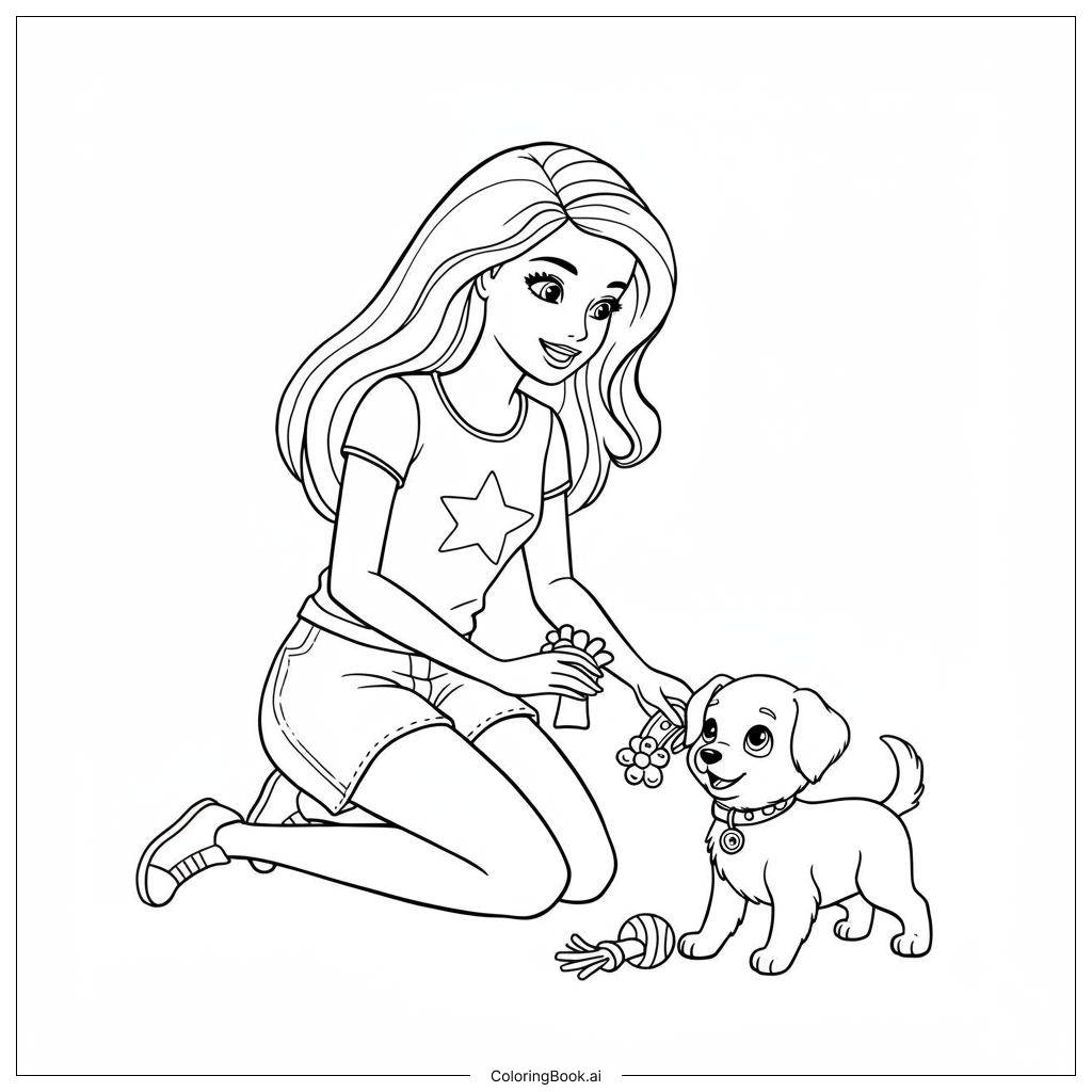  Página para colorear de Muñeca Barbie jugando con un perrito mascota 