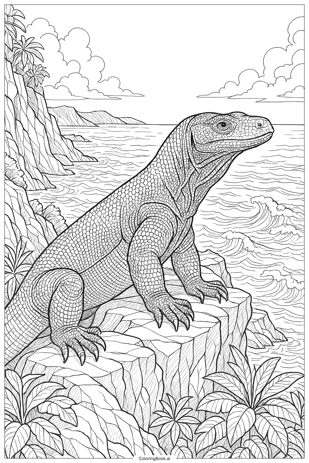 Komodowaran mit Blick auf den Ozean Ausmalseite