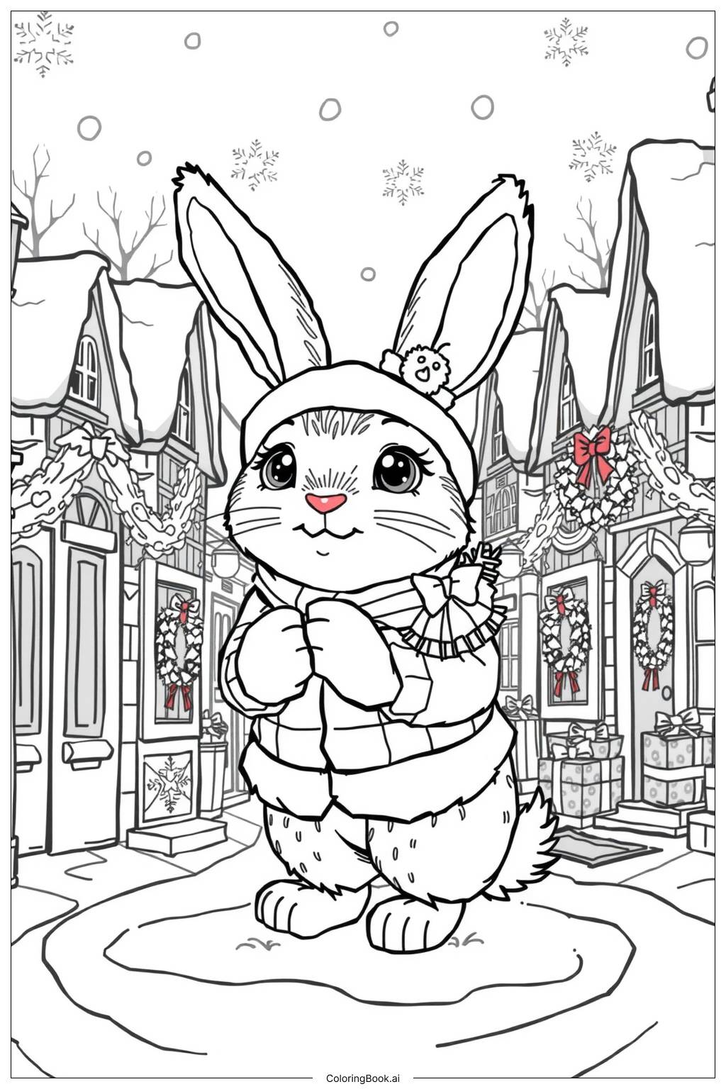  Page de coloriage Village de Noël du Lapin d'Hiver-2 