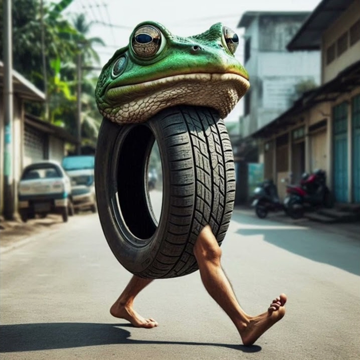 Một con ếch kỳ diệu với cơ thể bằng lốp xe đang đi trên chân, kết hợp thiên nhiên với thiết kế sáng tạo.