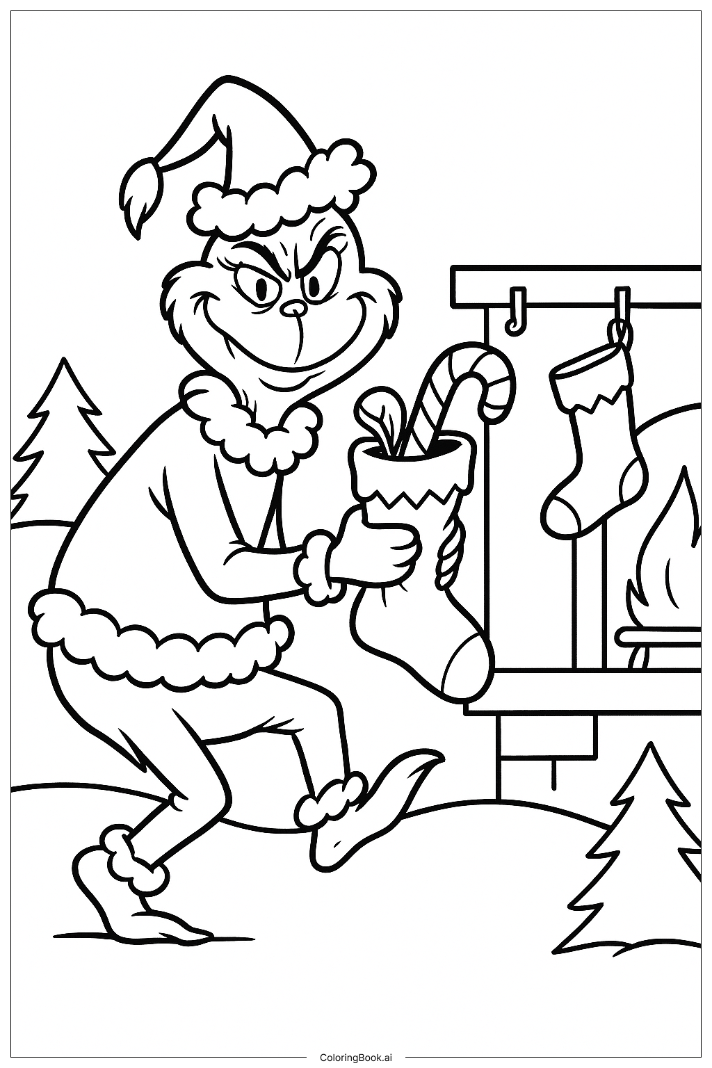  盗まれたクリスマスストッキングを持つグリンチの忍び足の塗り絵ページ 