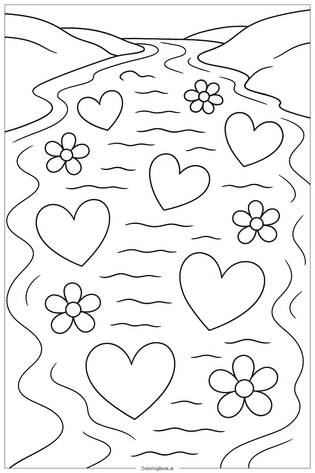  A River Of Hearts and Flowers Coloring Page 